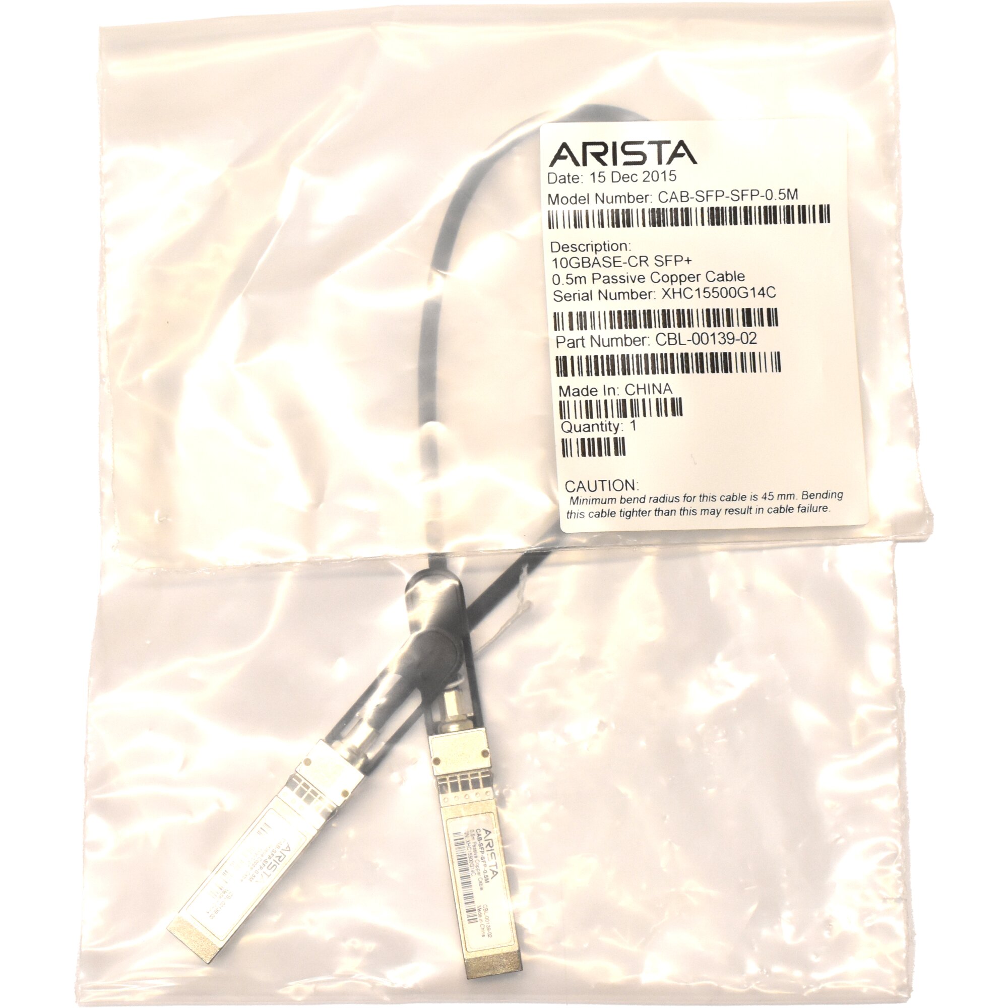 Arista 10G SFP+ Direct Attach Copper Cable - 1.5 Meter Passive DAC