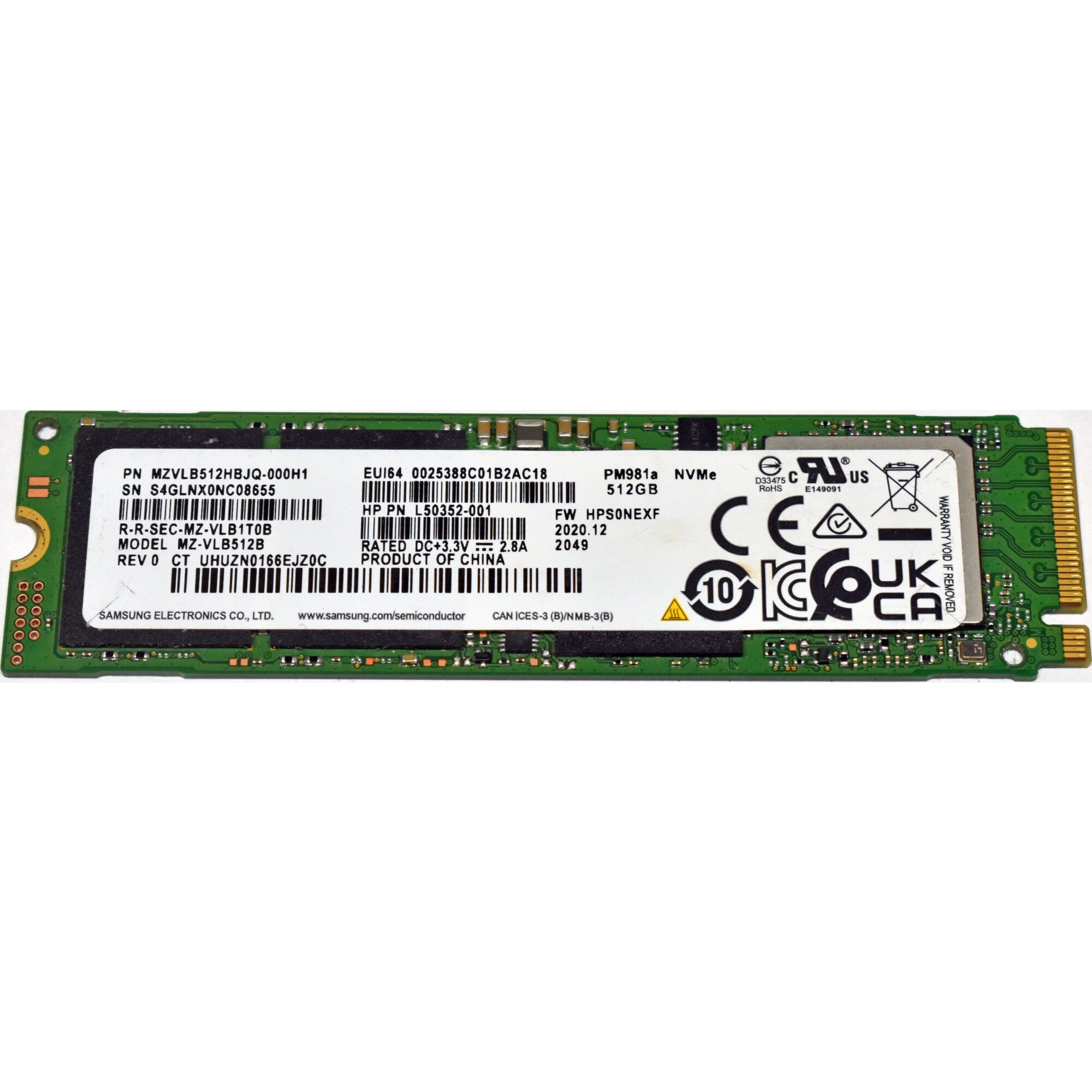 HP Samsung PM981a L50352-001 MZ-VLB512B 512GB SSD 2280 PCIe