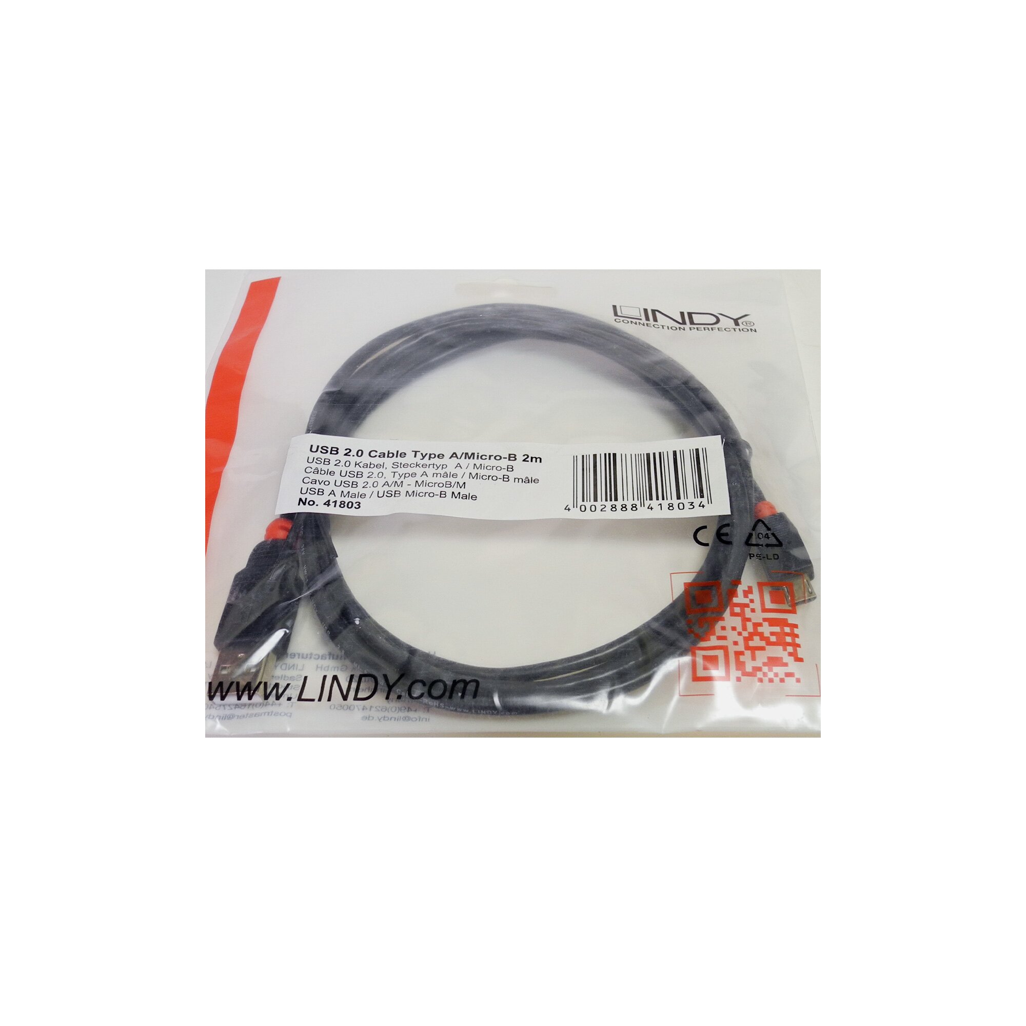 LINDY 41803 2m black USB 2.0 Cable Type A to Micro-B new OVP - Piospartslap
